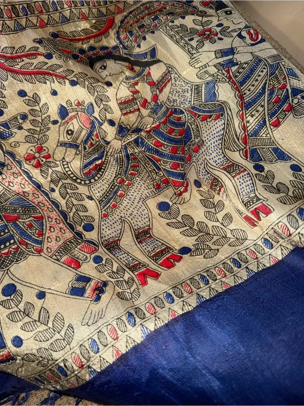 Indian Silk-Style Madhubani Folk Art Scarf Shawl Blue Gold 28x40
